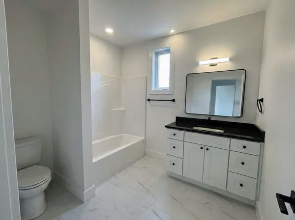 a bathroom with a toilet a sink a mirror and a bathtub