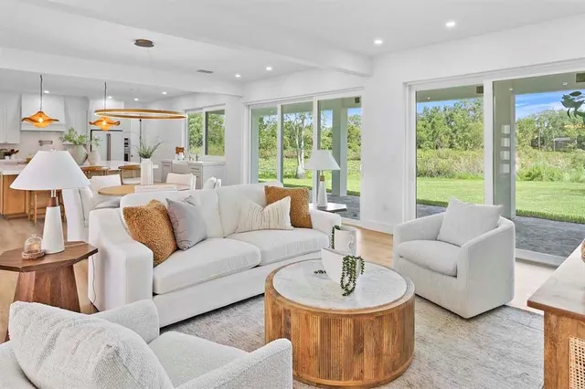 a living room with furniture and a large window