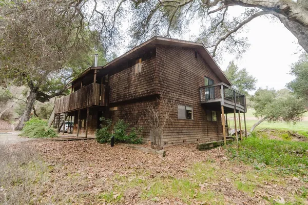 a backyard of a house with a trees and plants