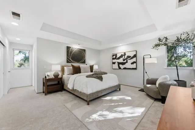 a bedroom with a bed couch and a potted plant