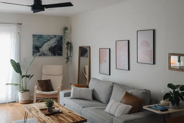 a living room with furniture and a potted plant