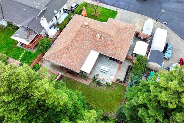 a view of a garden with lawn chairs