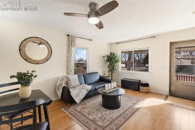 a living room with furniture a window and a potted plant