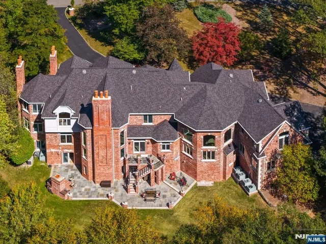 an aerial view of residential houses with outdoor space and trees