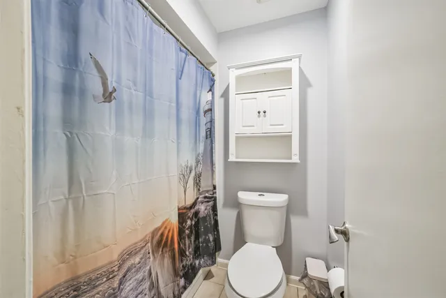a white toilet sitting next to a shower curtain