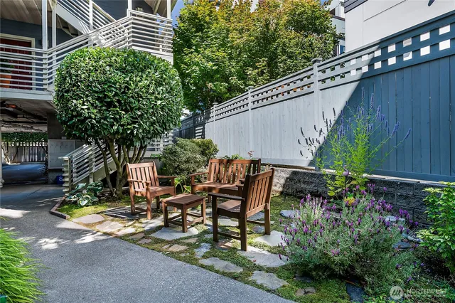 a backyard of a house with table and chairs