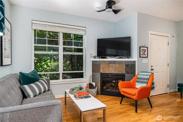 a living room with furniture a fireplace and a flat screen tv
