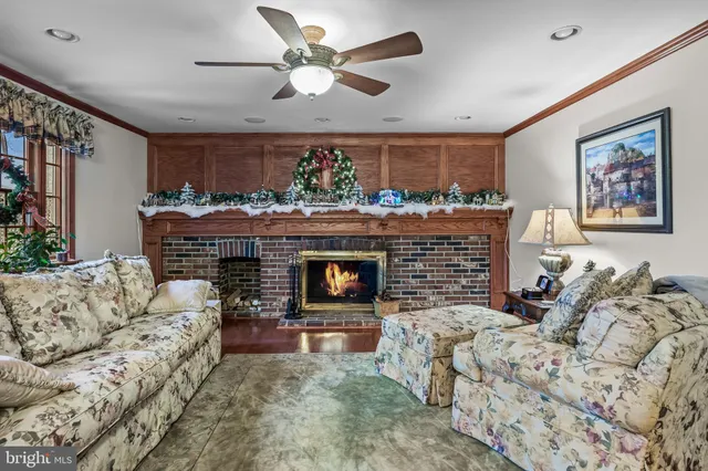 a living room with furniture a fireplace and a ceiling fan