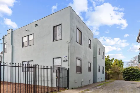 a view of a blue white building