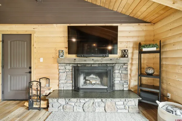 a living room with furniture a flat screen tv and a fireplace