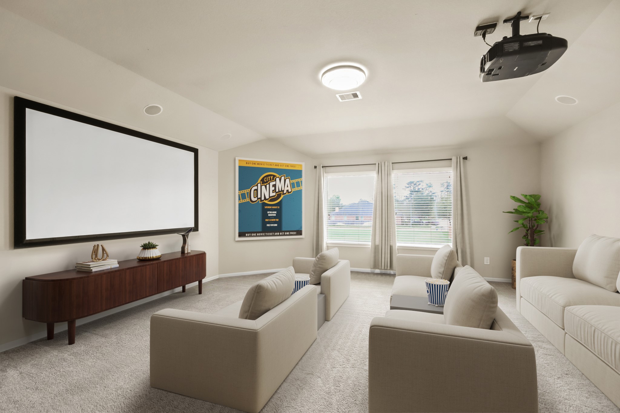 25407 Terrain Park Drive Spring, TX 77373 - Photo 30 of 33 Virtually Staged: Dedicated home theater designed for the ultimate movie-night experience. This inviting space features a large projection screen and ceiling-mounted projector, creating a true cinematic atmosphere right at home. Plush carpeting and comfortable seating provide the perfect setting for relaxing while enjoying films, sports, or gaming.