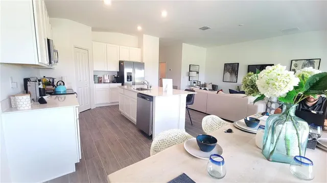 a living room with furniture potted plant and kitchen view