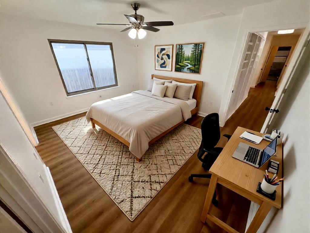 8003 Bannock Lane Austin, TX 78747 - Photo 16 of 40 This room features a ceiling fan with integrated lighting, a large window, and hardwood style flooring