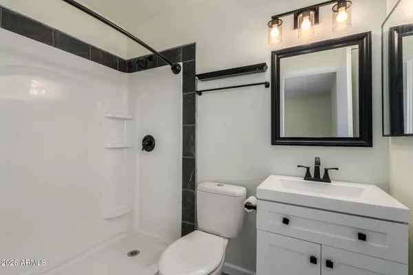 a bathroom with a sink a toilet and shower