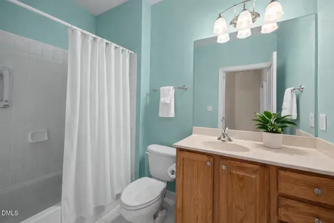 a bathroom with a sink a toilet and shower curtain