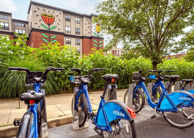 a view of a building with a large window