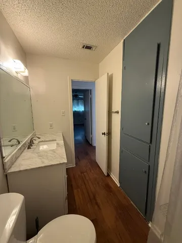 a bathroom with a granite countertop sink toilet and shower