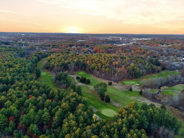 an aerial view of residential houses with outdoor space and trees