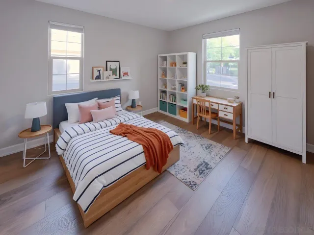 a bedroom with a bed and a table in it