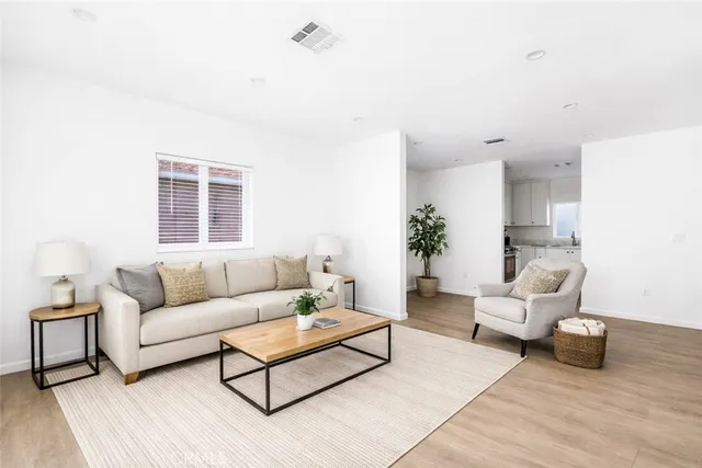 a living room with furniture and a potted plant
