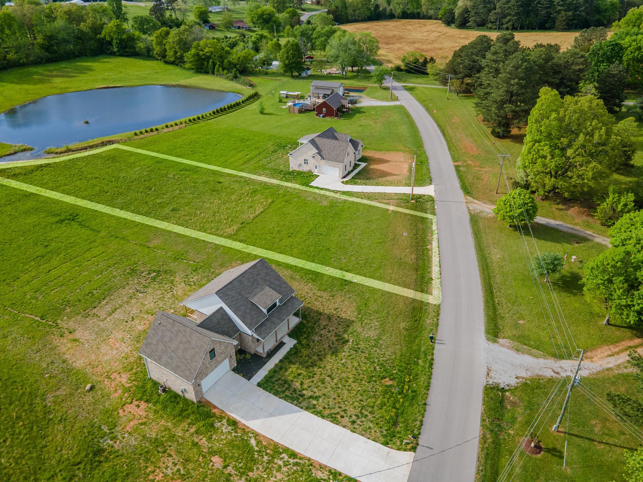 an aerial view of a pool