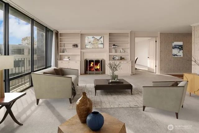 a living room with furniture and a fireplace