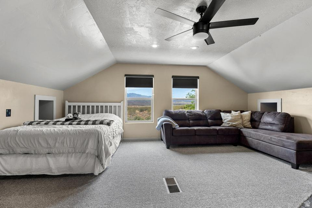 225 Falcon Court Ivins, UT 84738 - Photo 24 of 47 Bedroom with a textured ceiling, carpet flooring, and a ceiling fan
