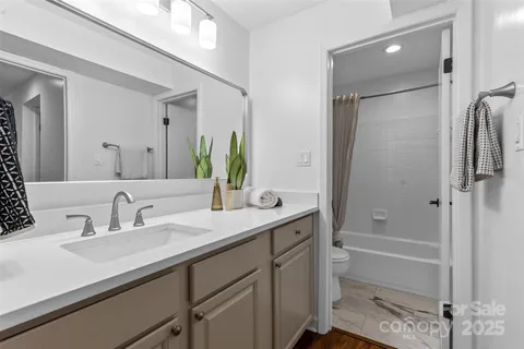 a bathroom with a shower sink vanity granite and shower