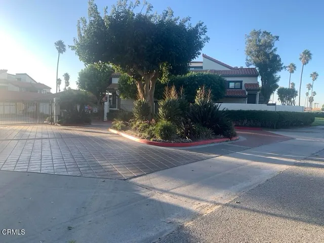 a view of a patio with table and chairs potted plants