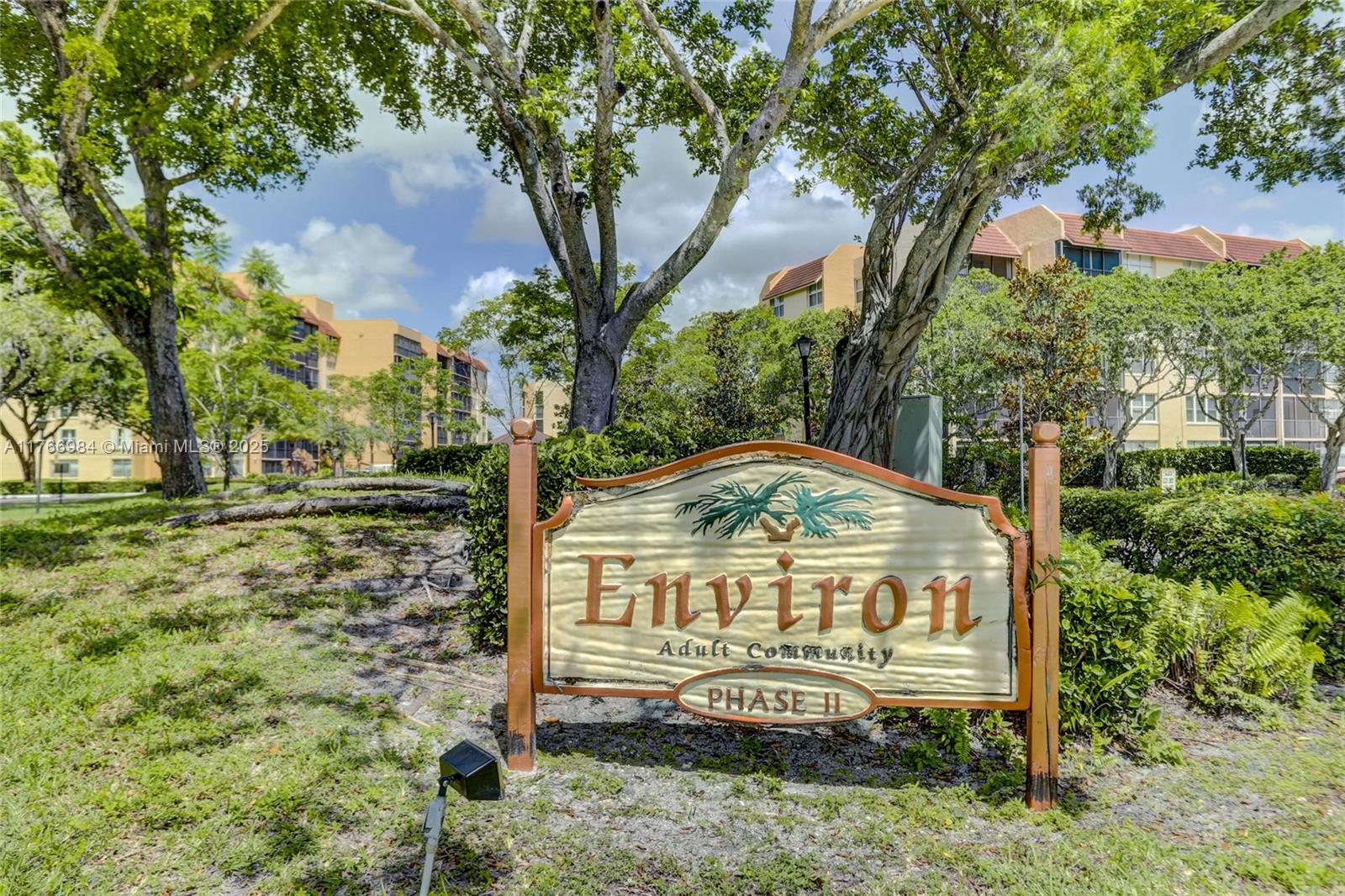 a view of a street sign under a large tree