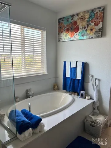 a bathroom with a tub and a large mirror
