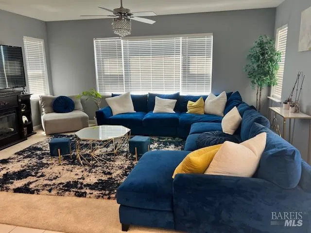 a living room with furniture potted plant and a window