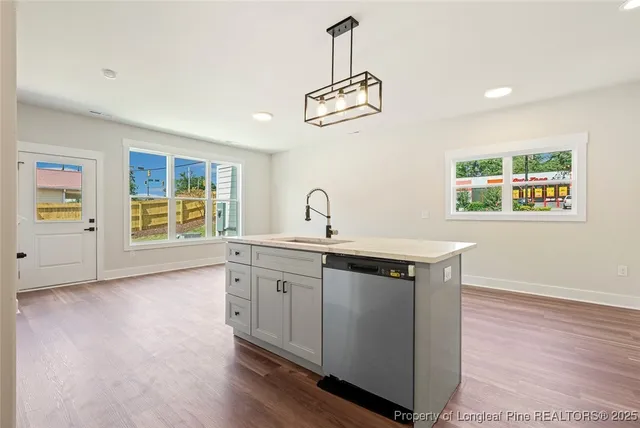 a kitchen with stainless steel appliances granite countertop a sink and dishwasher with wooden floor