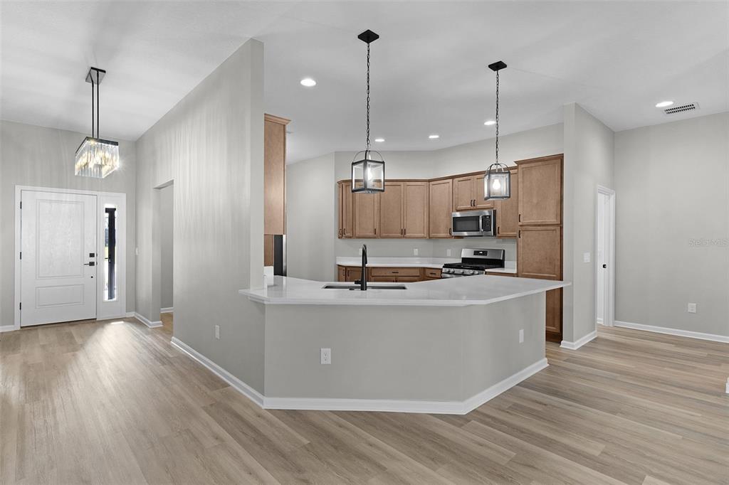 1177 Elkington Road The Villages, FL 34762 - Photo 6 of 59 a large kitchen with stainless steel appliances a large counter top a refrigerator a sink and wooden floor