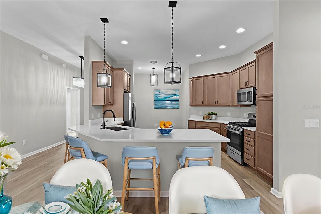 1177 Elkington Road The Villages, FL 34762 - Photo 7 of 59 a kitchen with stainless steel appliances a refrigerator a sink a dining table and chairs with wooden floor