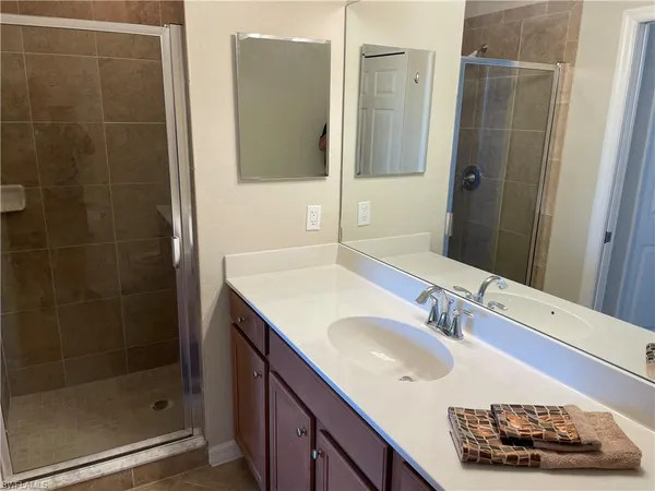 a bathroom with a sink a shower and a mirror