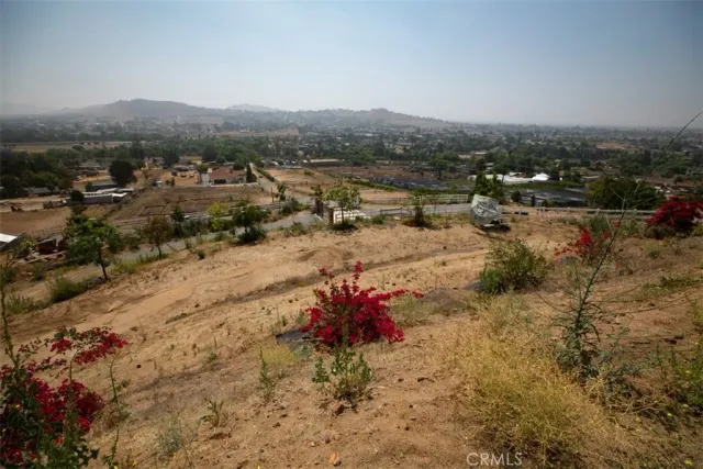 a view of a dry yard with a mountain