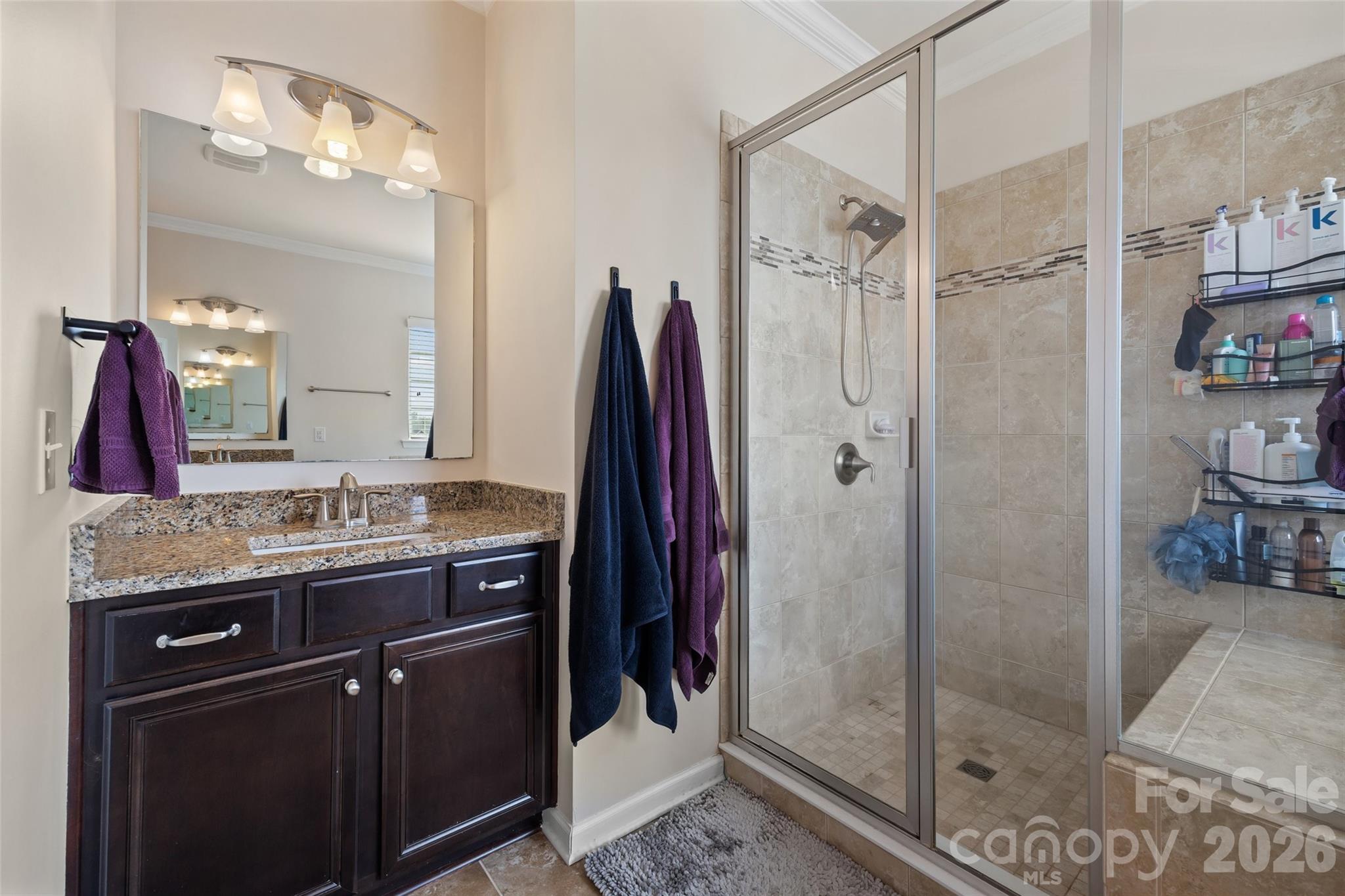 327 Hawks Creek Parkway Fort Mill, SC 29708 - Photo 27 of 48 a bathroom with a granite countertop shower sink vanity and mirror