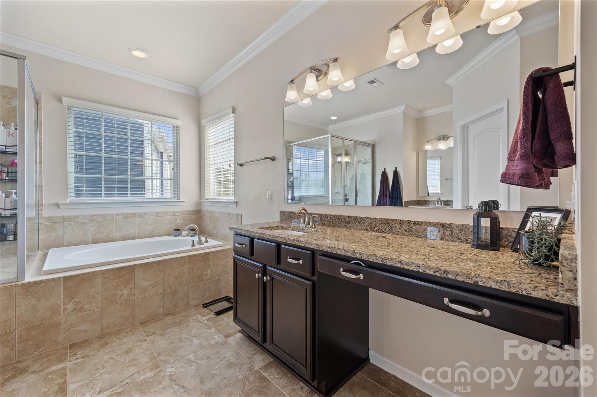 327 Hawks Creek Parkway Fort Mill, SC 29708 - Photo 28 of 48 a bathroom with a granite countertop sink a large mirror and bathtub