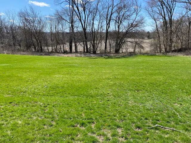 a view of a yard with a house in the background