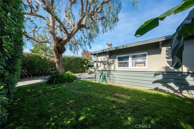 a view of a backyard with plants and a patio
