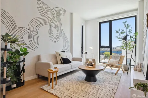 a living room with furniture a rug and a potted plant