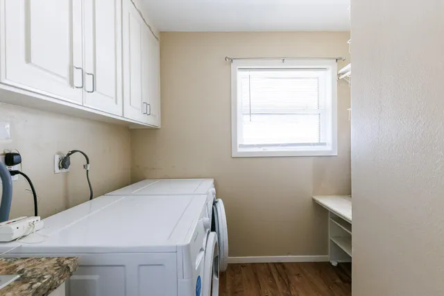 a view of a back yard with flower plants and large trees