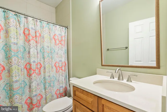 a bathroom with a sink toilet and shower curtain