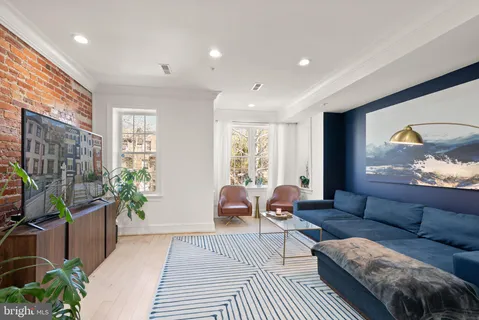 a living room with furniture and a potted plant