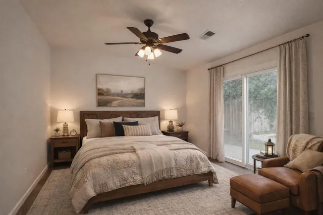 a bedroom with a bed and glass window