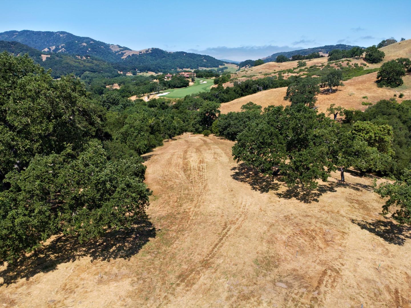 a view of a dry yard with mountains in the background