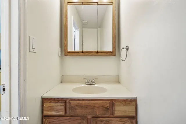 a bathroom with a sink and a mirror