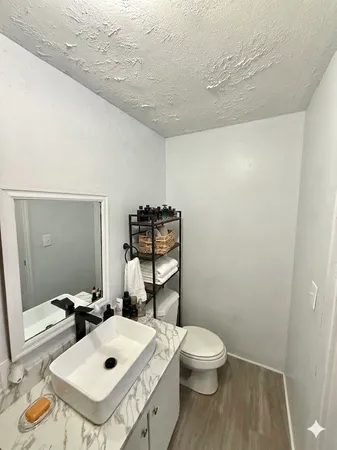 a bathroom with a sink a toilet and mirror