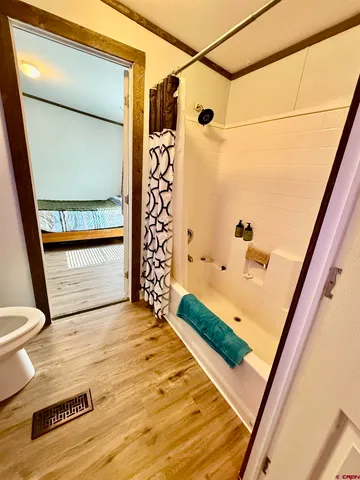 a bedroom with a bed and a walk in closet